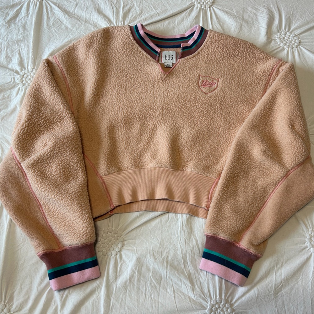 Urban Outfitters Peach Pink Sherpa Cropped Sweatshirt with Striped Trim